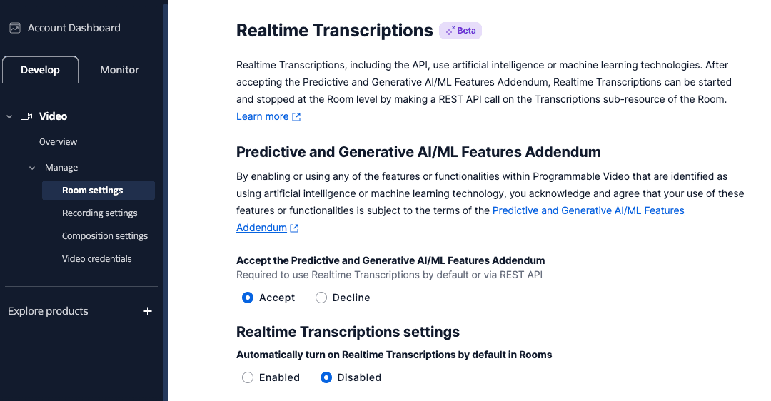 Realtime Transcriptions settings with options to accept AI/ML features addendum and enable transcriptions by default.