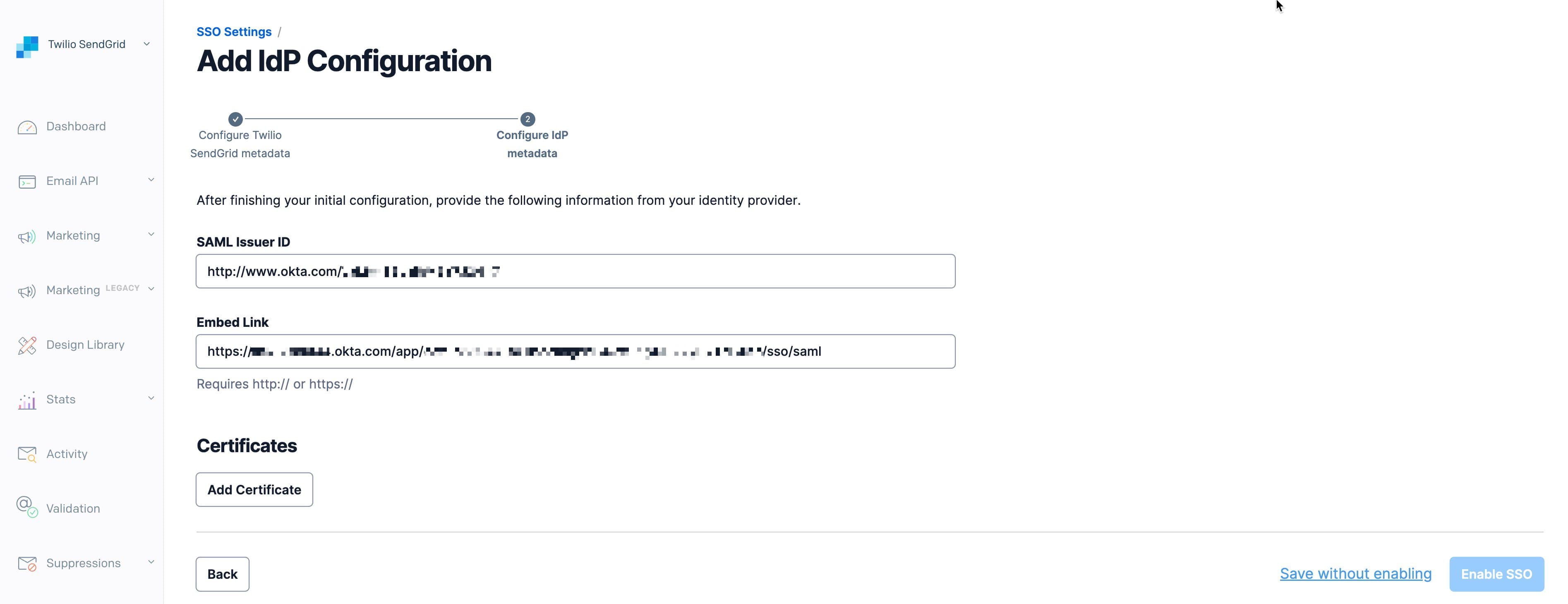 Twilio SendGrid IdP Configuration page with SAML Issuer ID and Embed Link fields.