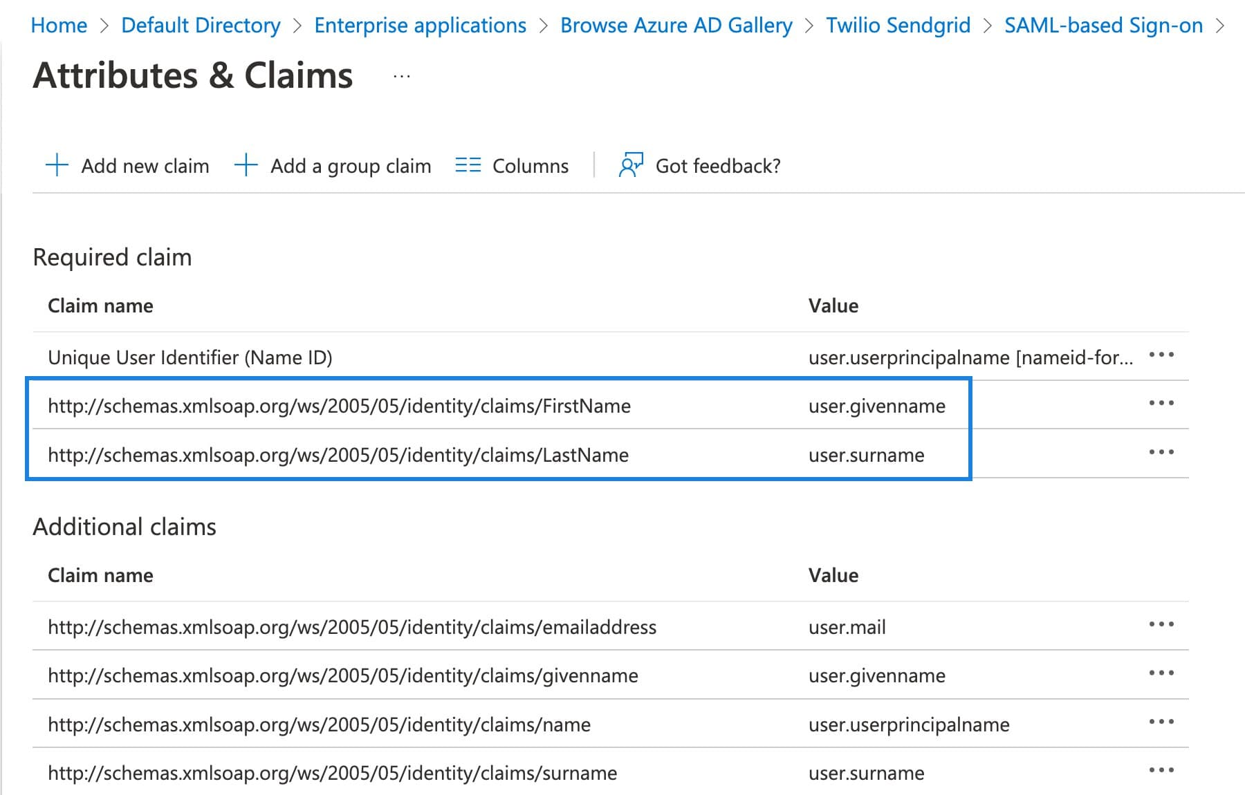 SAML attributes FirstName and LastName mapped to user.givenname and user.surname.