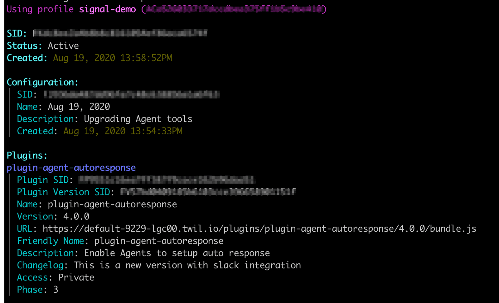 Active release with plugin-agent-autoresponse details including version 4.0.0 and Slack integration.