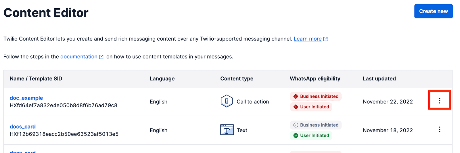Template details menu.