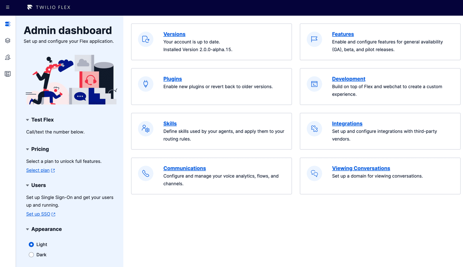 Twilio Flex admin dashboard with options for versions, plugins, skills, and integrations.