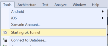 Visual Studio Tools menu with 'Start ngrok Tunnel' highlighted.