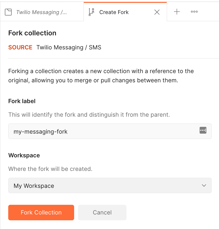 Form to create a fork of Twilio Messaging collection with fields for fork label and workspace.