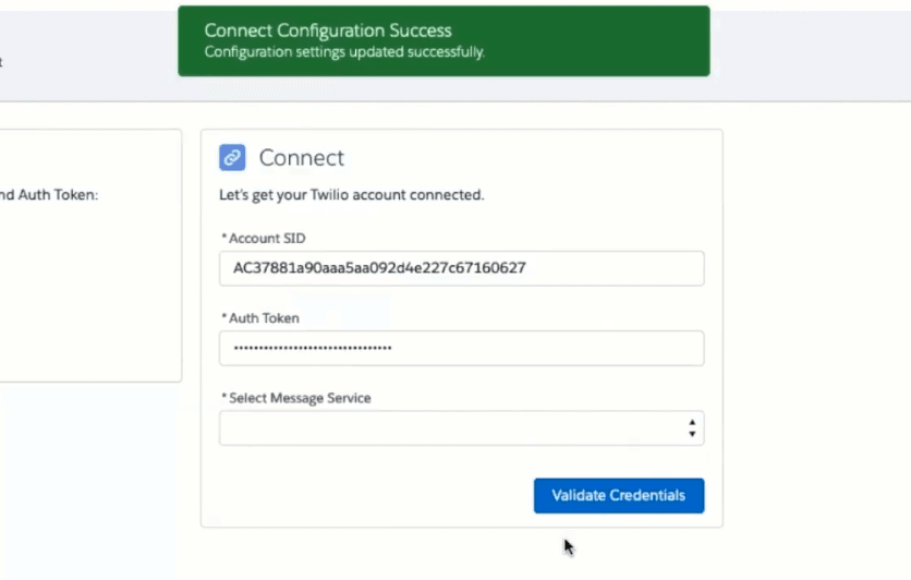 Twilio account connection confirmed with account SID and auth token.