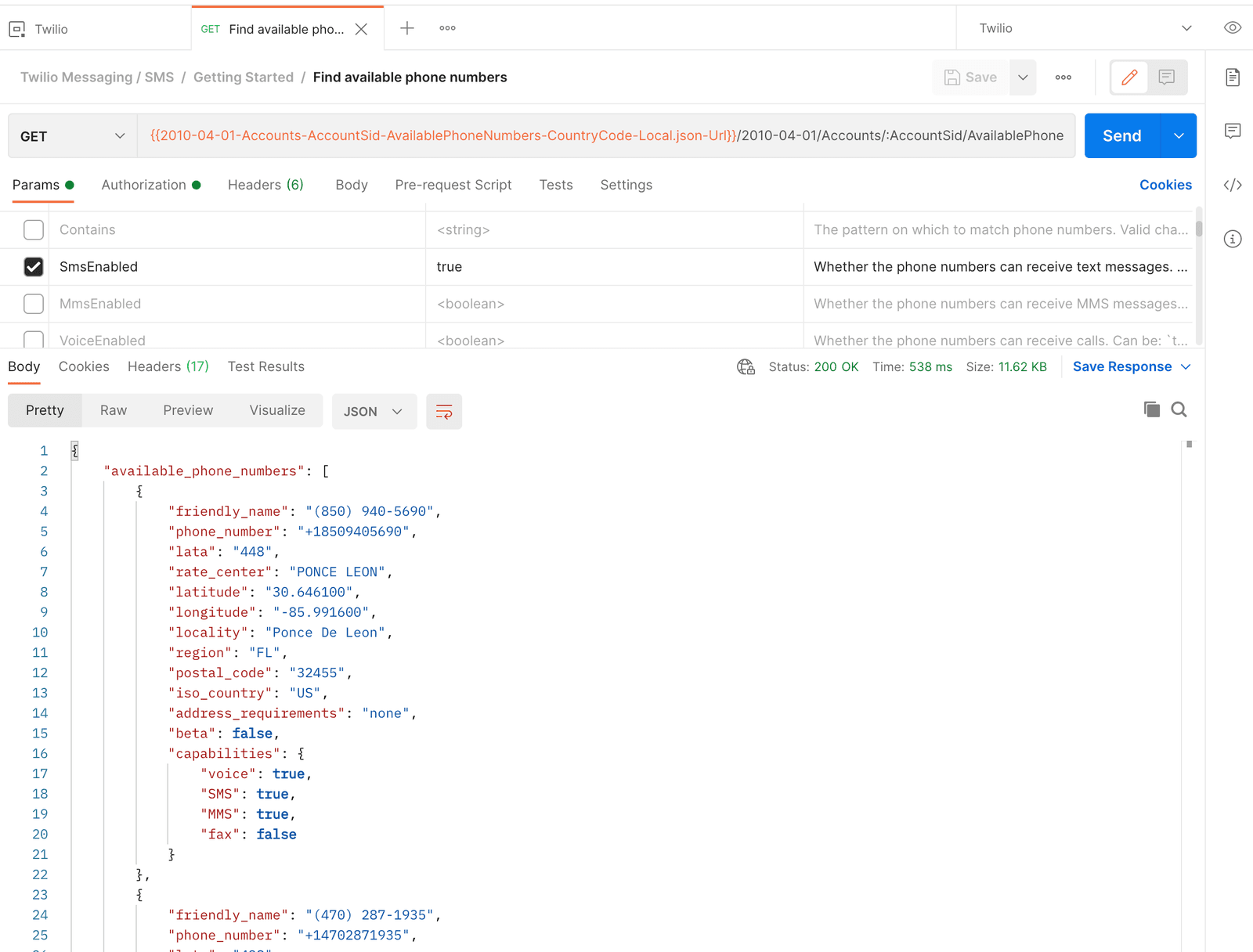 Phone number list results.