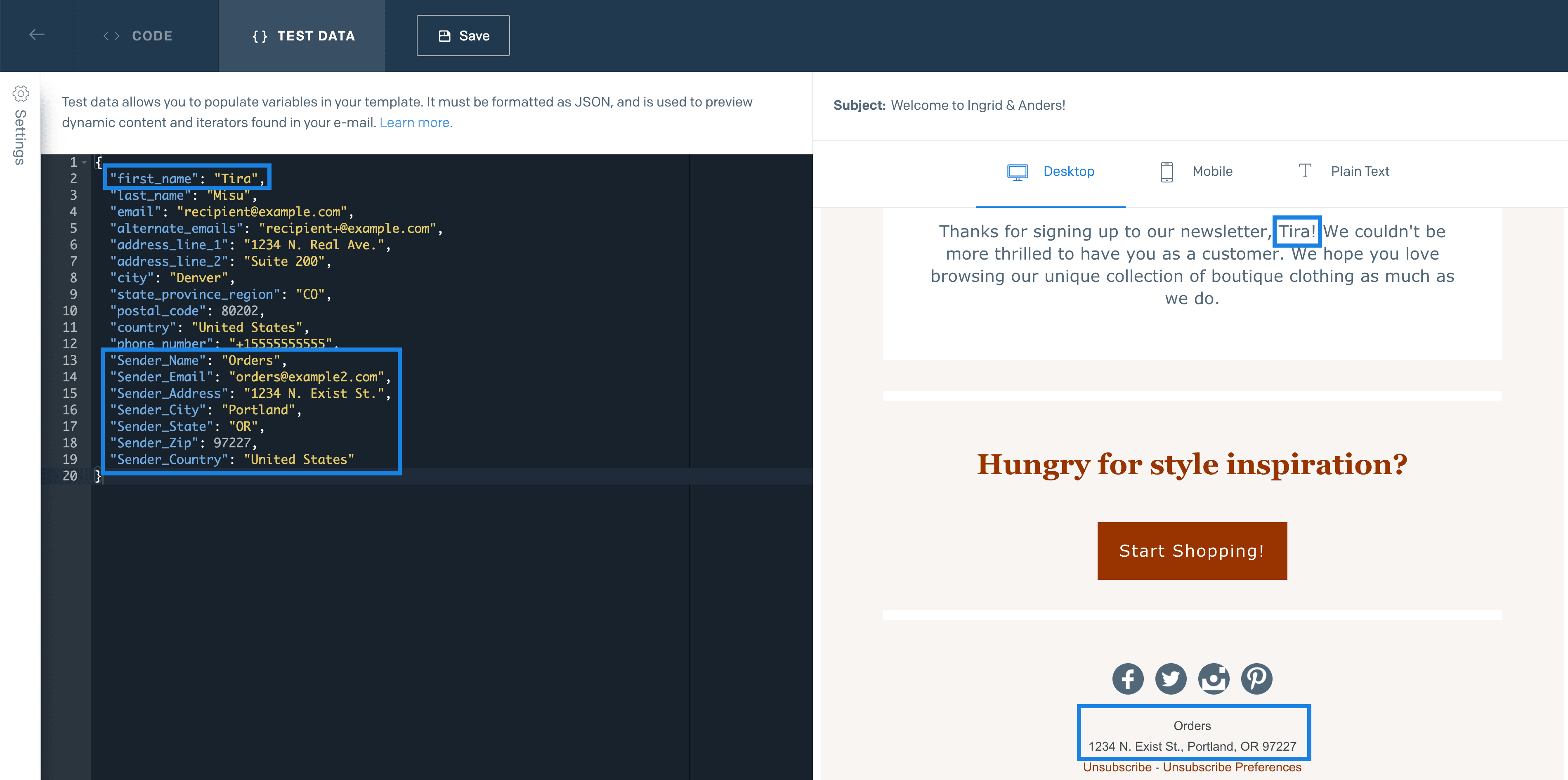 A side-by-side view of the test data and the rendered values in the template.