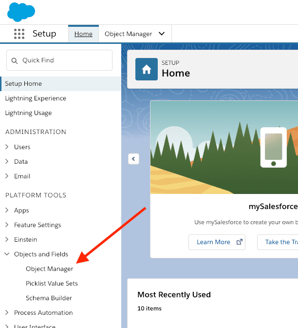 Salesforce setup page with Object Manager highlighted in the menu.