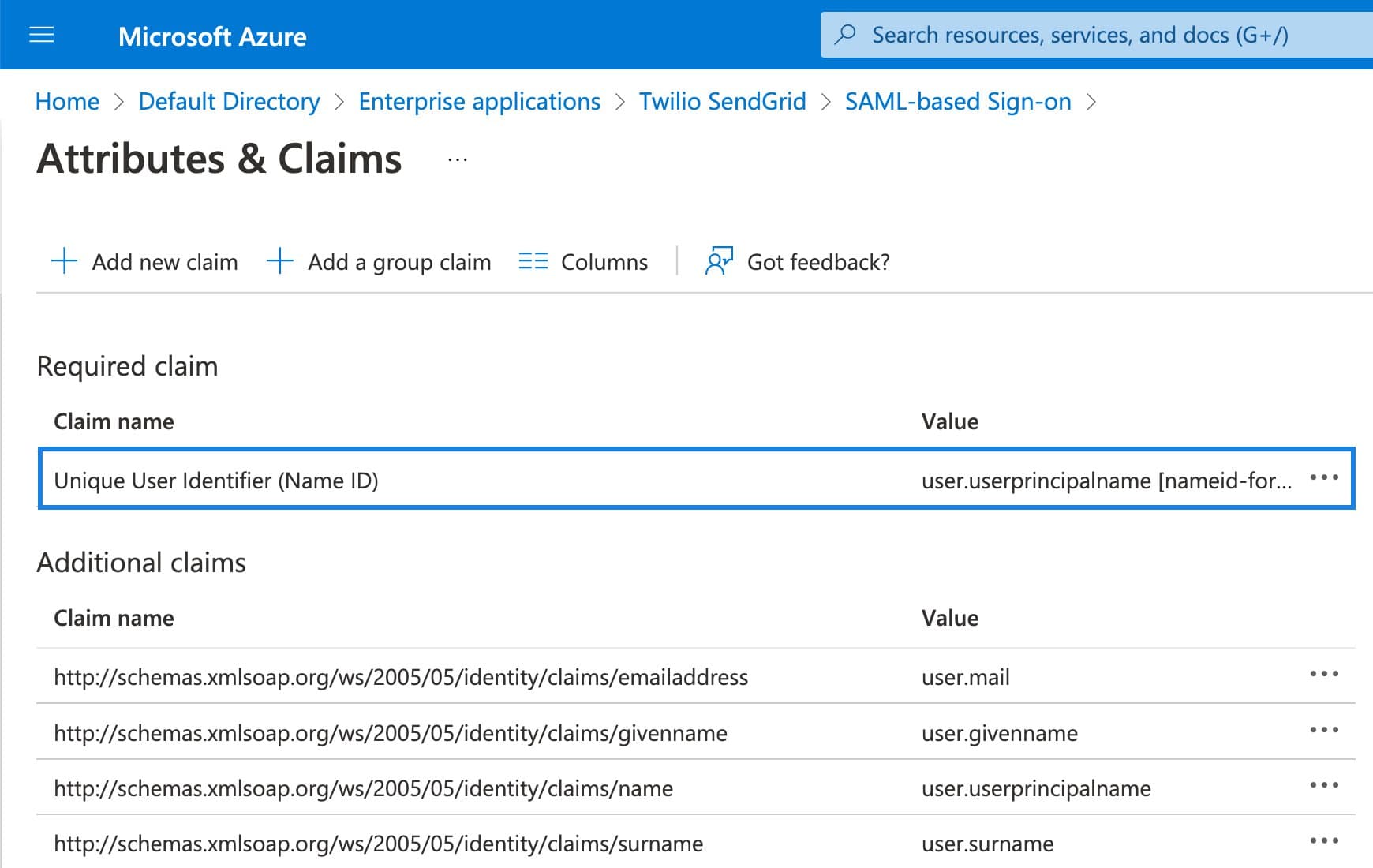 Azure AD page showing Unique User Identifier set to user.userprincipalname.