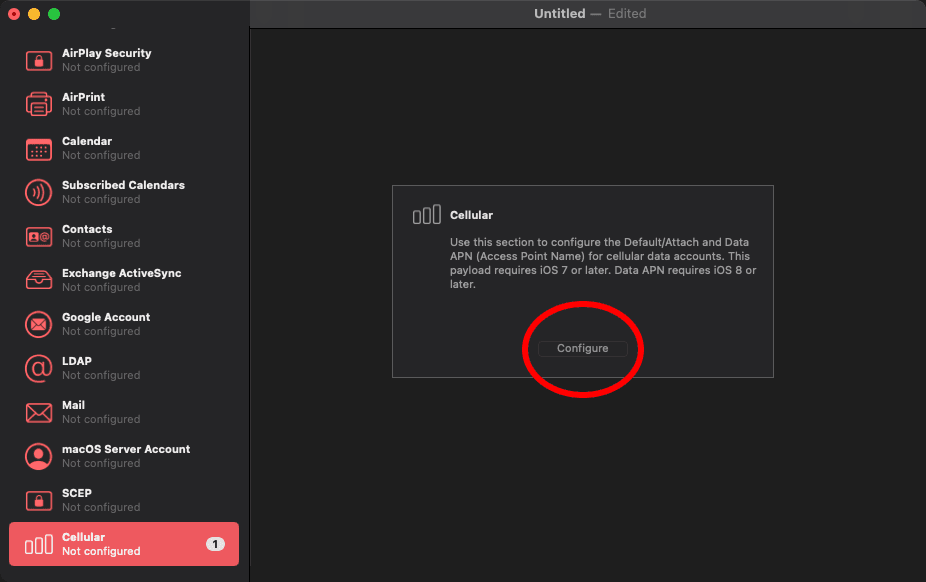 Create a Cellular section in your Configuration Profile.