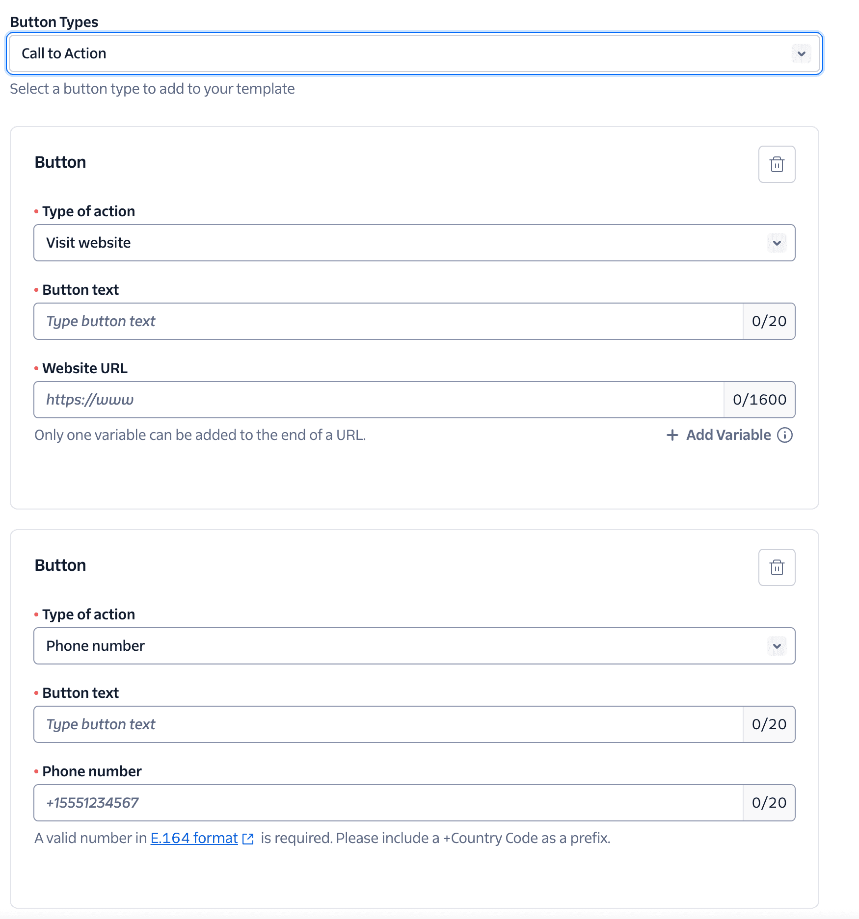 WhatsApp button template with options for call to action, visit website, and phone number.