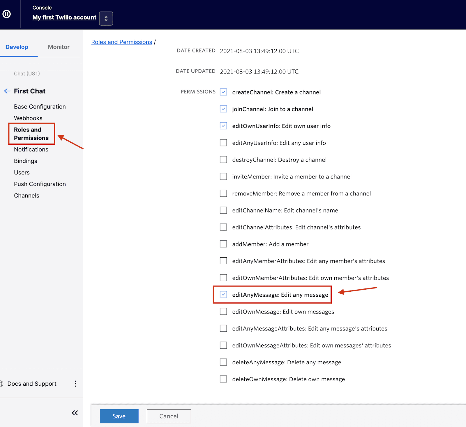 Roles and Permissions page with 'editAnyMessage' permission checked.