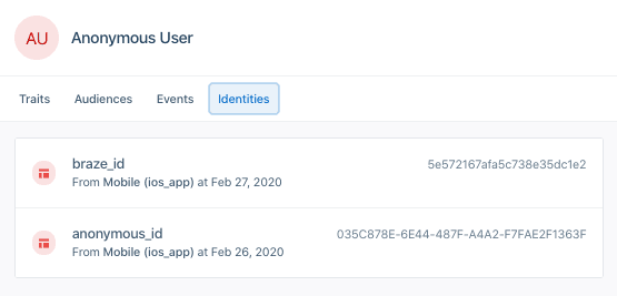 A screenshot of an anonymous user in Segment, with the Identities tab selected and a braze_id identity present.