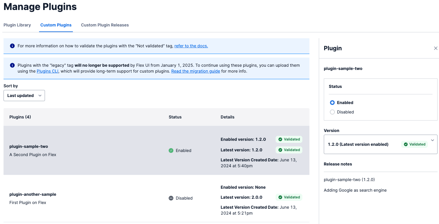 Manage Plugins dashboard showing plugin-sample-two enabled with version 1.2.0 validated.