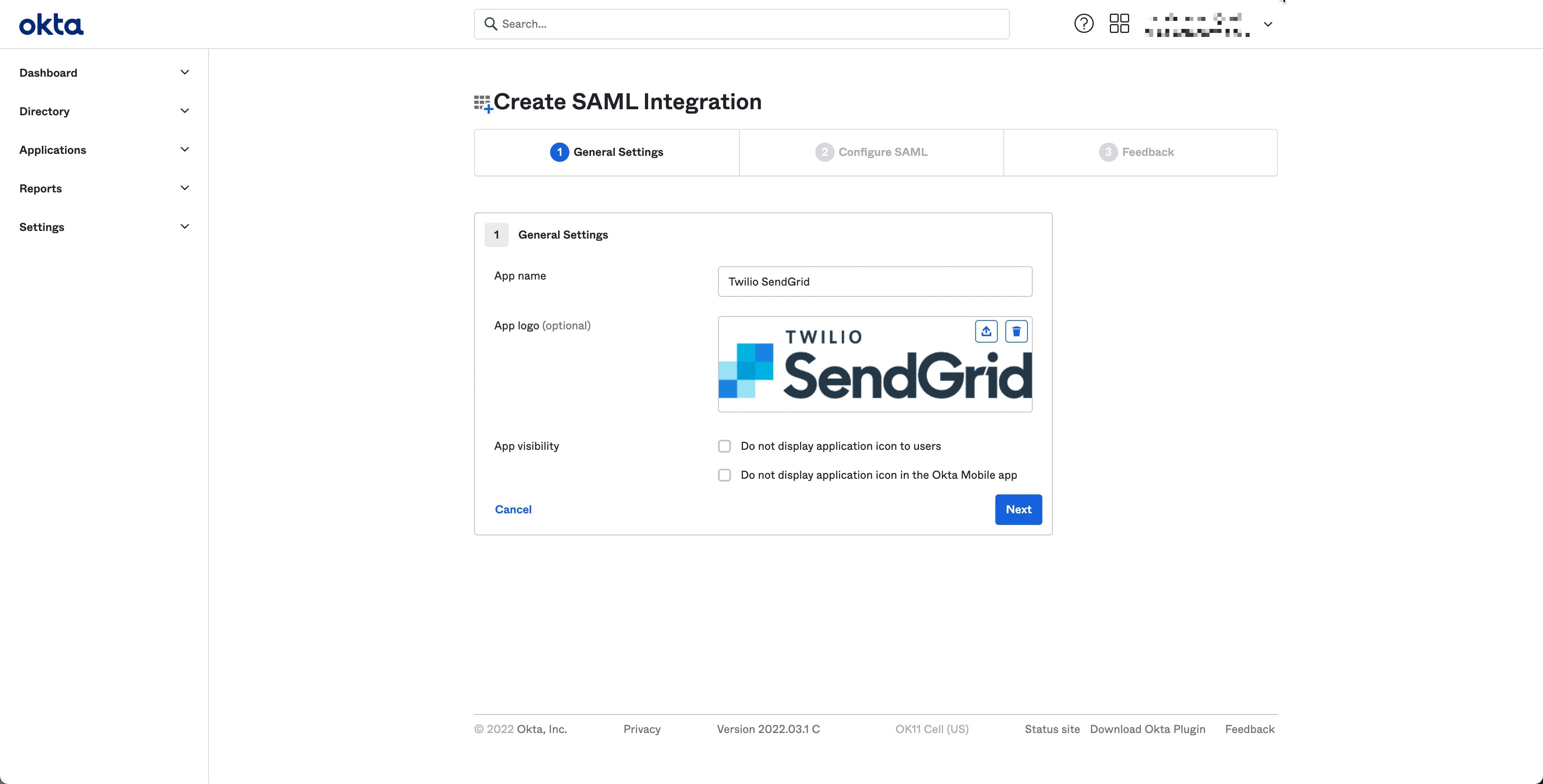 Form for Okta Support feedback on SAML integration configuration with options for customer type and app details.
