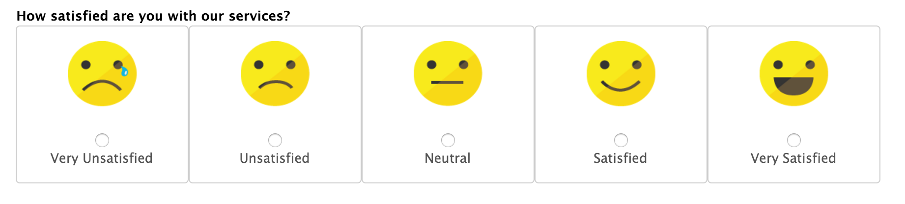 Service satisfaction survey with five emoji options ranging from "Very Unsatisfied" (sad) to "Very Satisfied" (happy), each with a radio button.