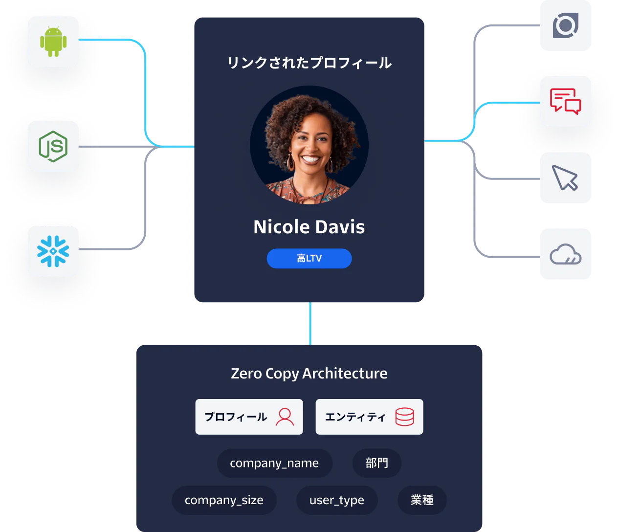 Diagram showing Linked Profiles and Zero Copy Architecture with various technology and connectivity icons.