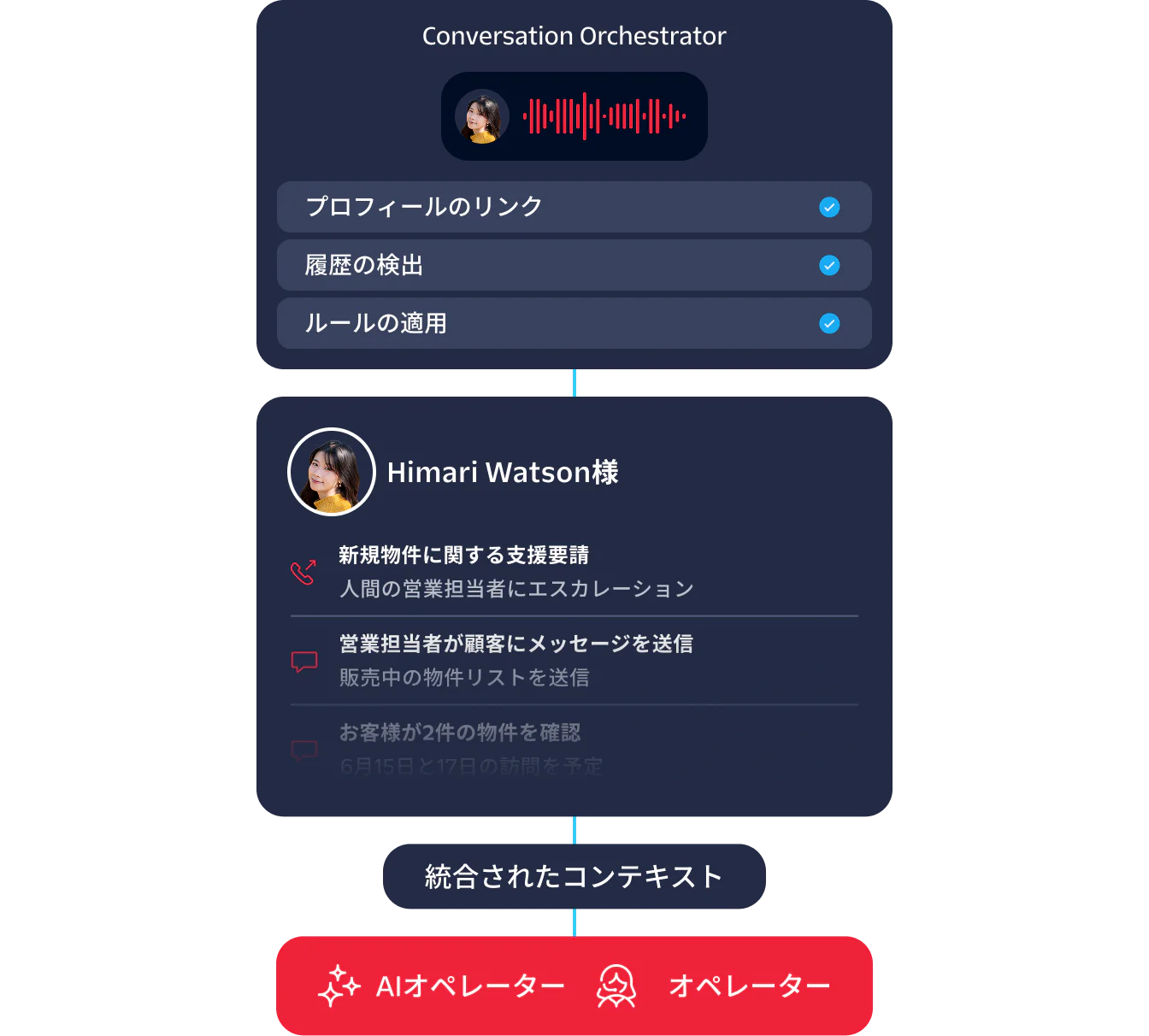 A dashboard showing conversation details of a customer interaction managed by an AI agent.