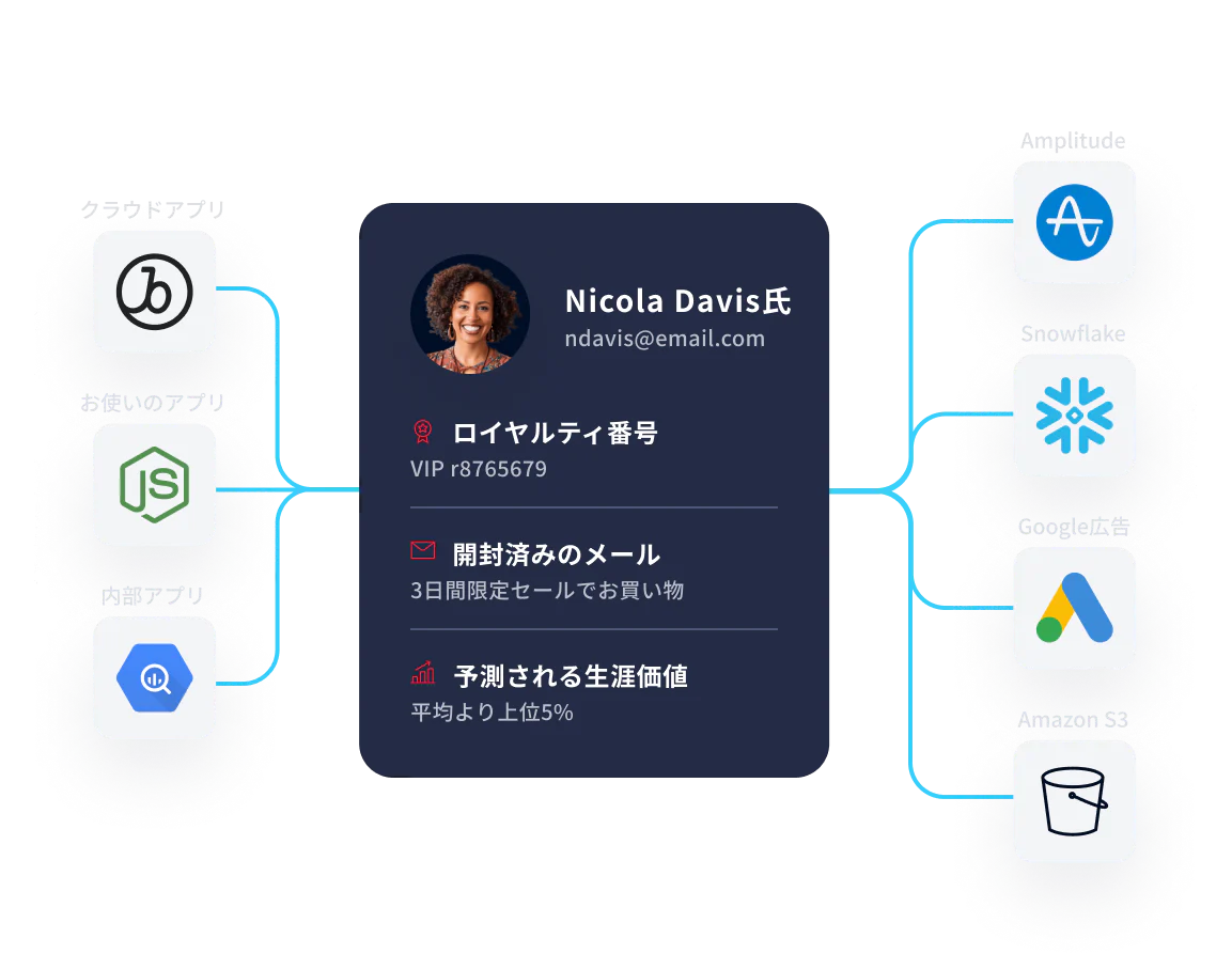 Customer Data Integration Flowchart Flowchart showing Nicola Davis's customer profile connected to various data sources and destinations.