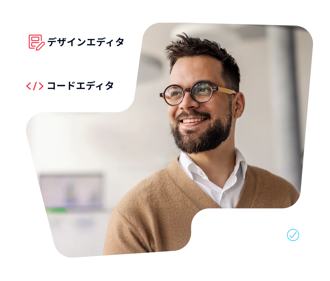 Smiling man with glasses, Design Editor and Code Editor buttons, Send Campaign button