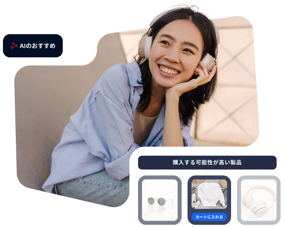 Woman in blue shirt wearing headphones and AI recommending sunglasses, shirt, and more headphones.