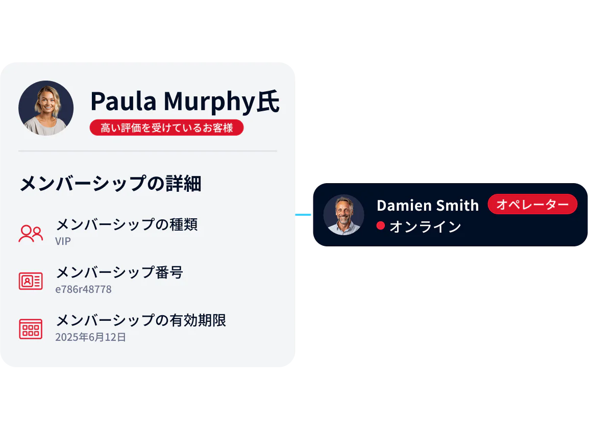 Customer Support Interaction with Membership Details Customer profile with membership details and connection to a support agent.