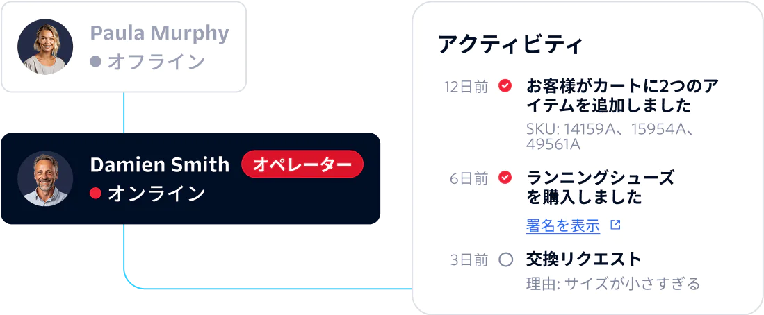 Dashboard showing two agent statuses and customer activity log with details of recent actions.