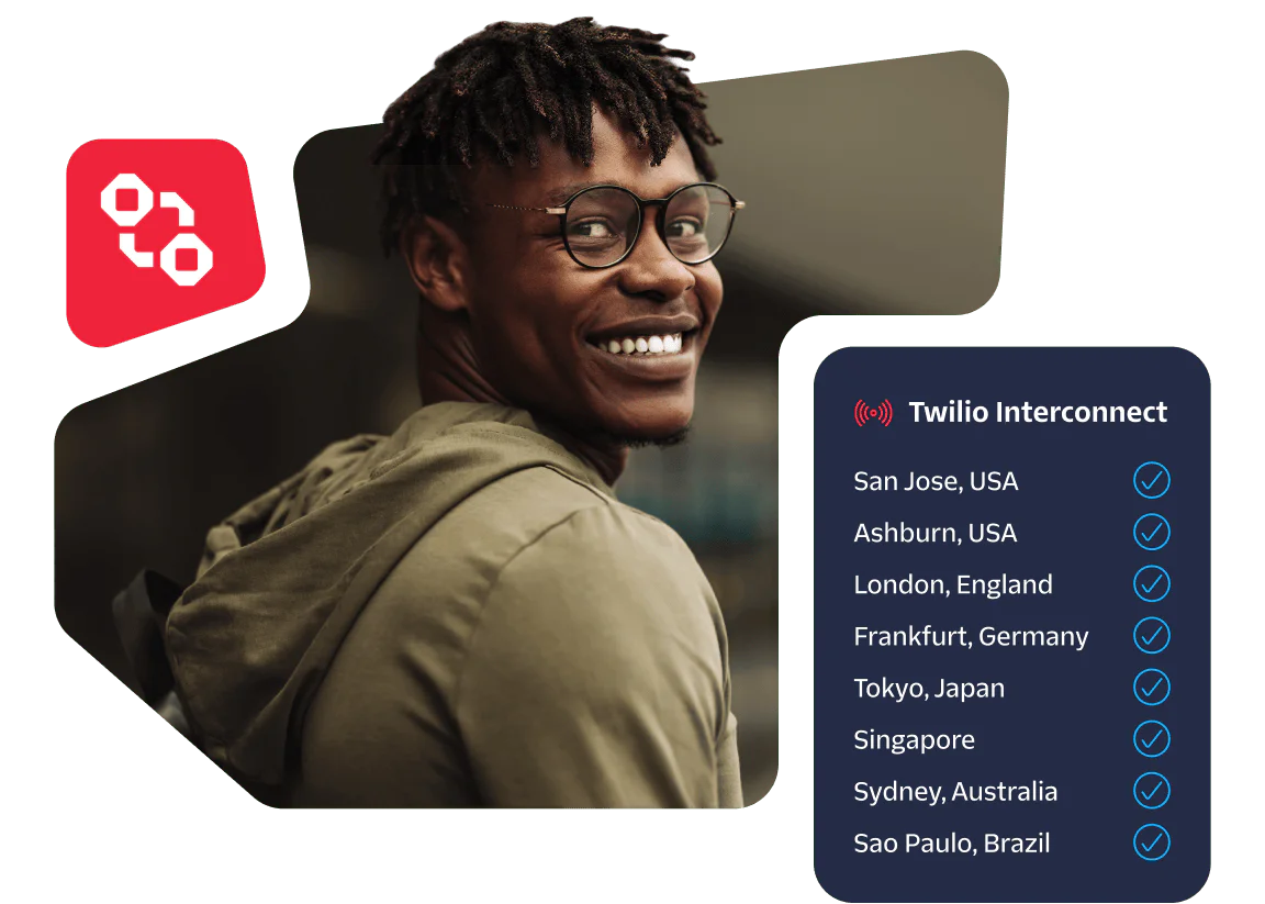 Smiling man with glasses and Twilio Interconnect locations listed including San Jose, London, and Tokyo.