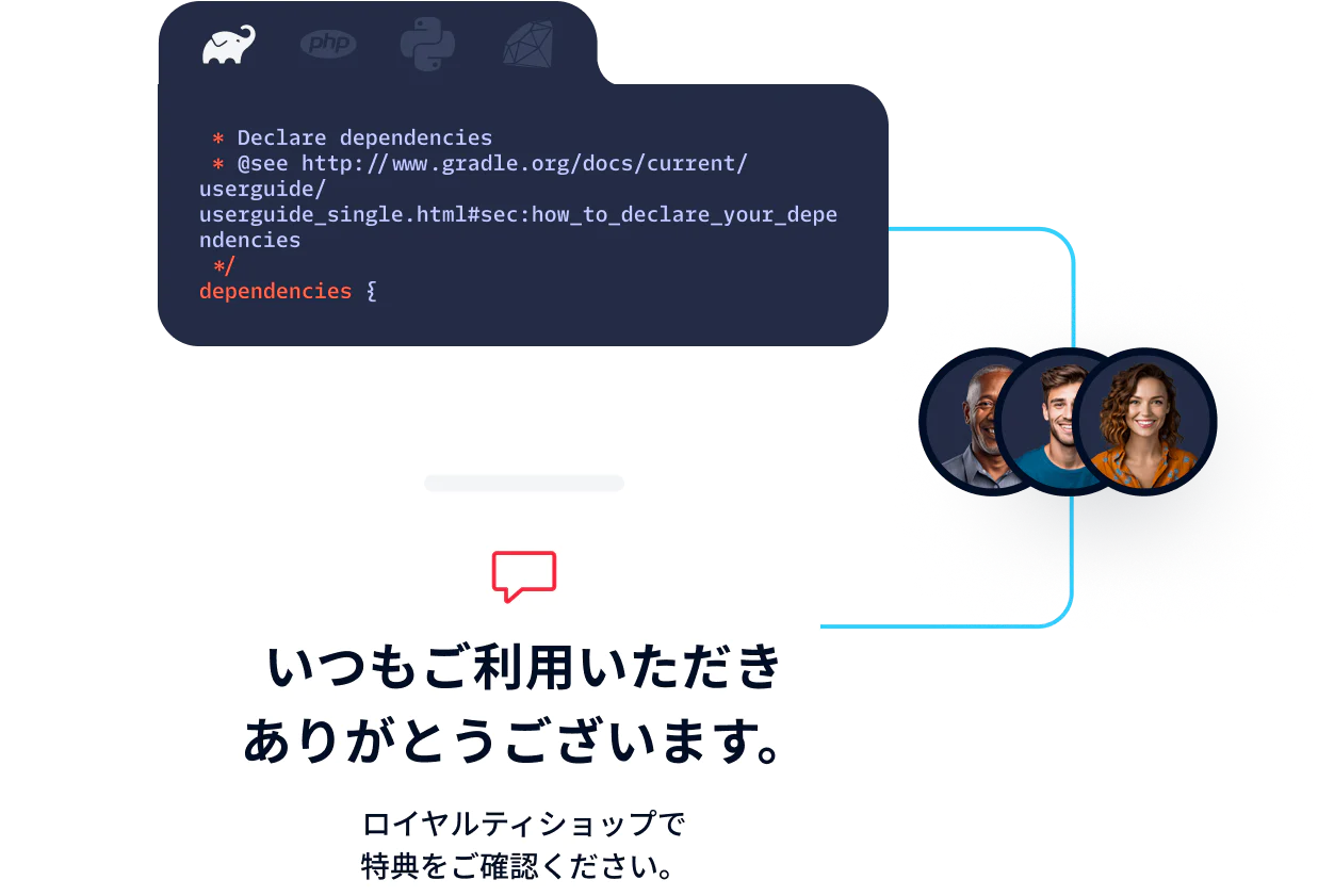 Loyalty Program Rewards and Code Dependencies Customer appreciation message with loyalty shop link and code snippet for declaring dependencies.