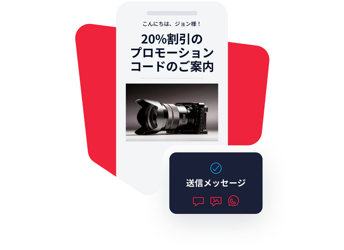 Smartphone displaying a promo code for camera equipment Phone screen showing a promo code for 20% off camera gear and confirmation message bubble stating Message sent