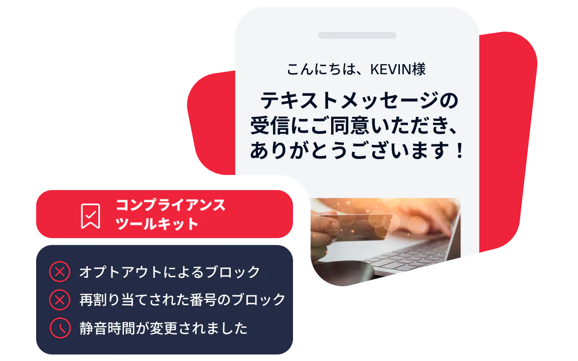 A phone screen showing a message thanking Kevin for opting in to receive text messages, with Compliance Toolkit details.