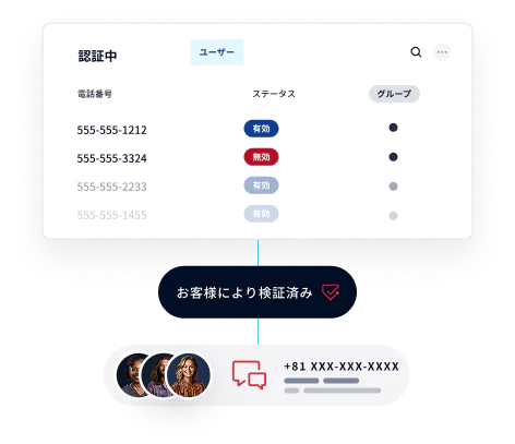 Interface showing user phone numbers with authentication status as valid or invalid.