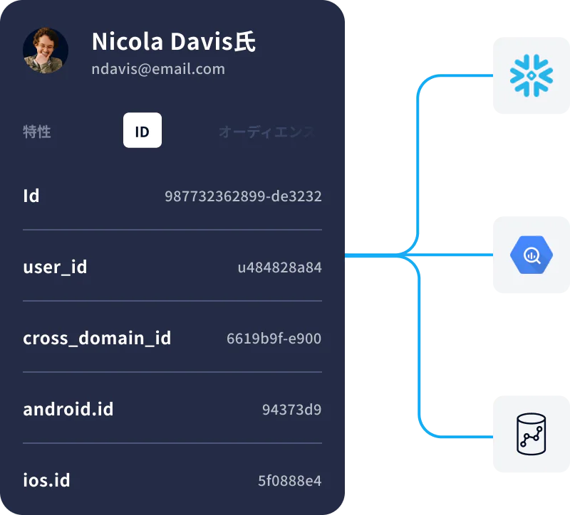User Data Profile with Connected Technologies Profile card of Nicola Davis showing Identities and data integrations with three technology icons