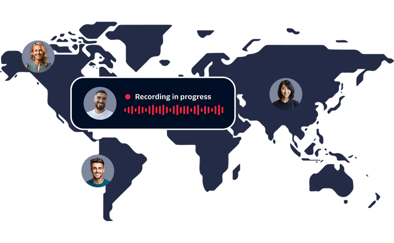 World map with diverse individuals connected via a voice recording interface indicating a conference in progress.