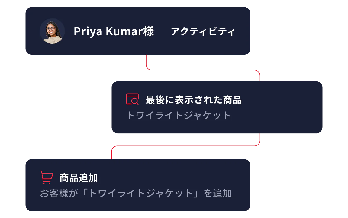 Flowchart showing Priya Kumar's activity; last product seen was 'Twilight Jacket' and added 'Twilight Jacket' to cart.