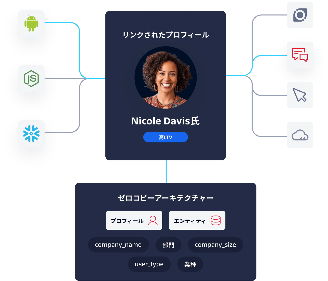 Diagram showing linked profiles and zero copy architecture with connected entities and key details.