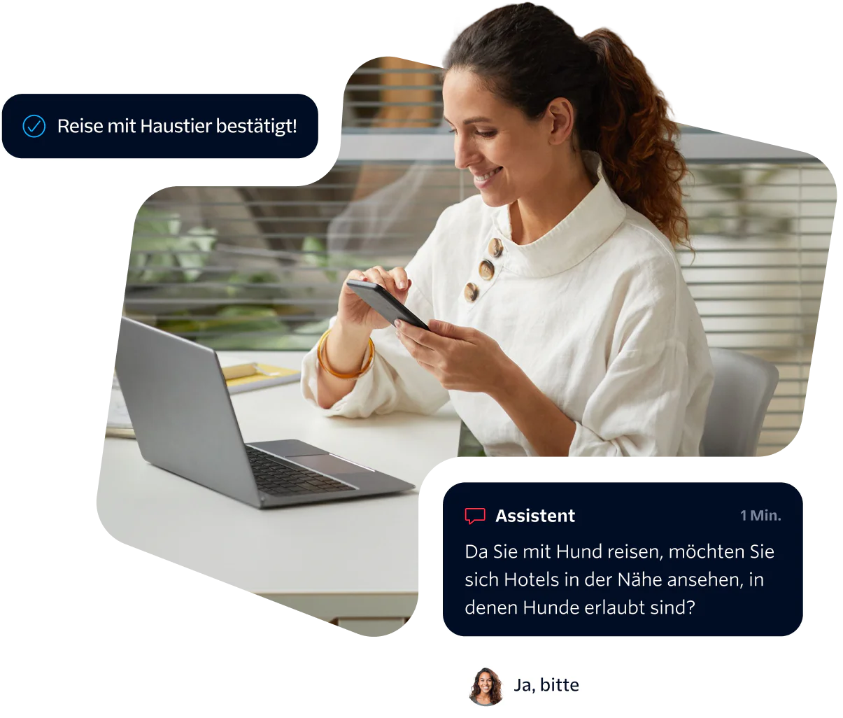 Woman using phone while chatting with virtual agent about pet-friendly hotels, laptop on desk.