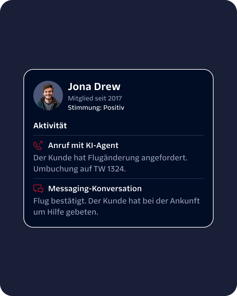 Profile of a customer interacting with AI agent for flight change and confirmation.