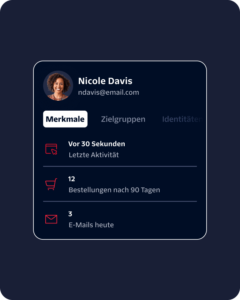 Profile card displaying a user's name, email, and recent activity on a dark background.