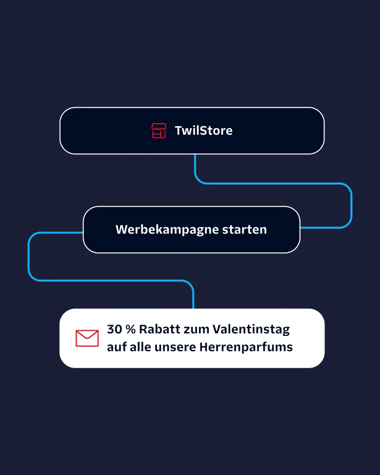 Flowchart showing TwilStore's promotional campaign offering 30% off on men's perfumes for Valentine's Day.