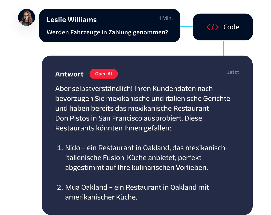A customer named Leslie Williams asking for restaurant recommendations in a chat.