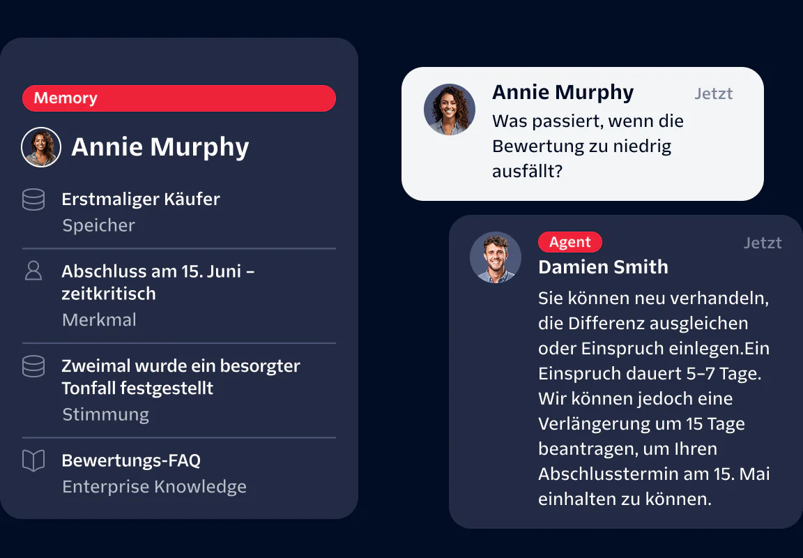 Chat interface showing conversation between an agent and a user with profile details and message history.