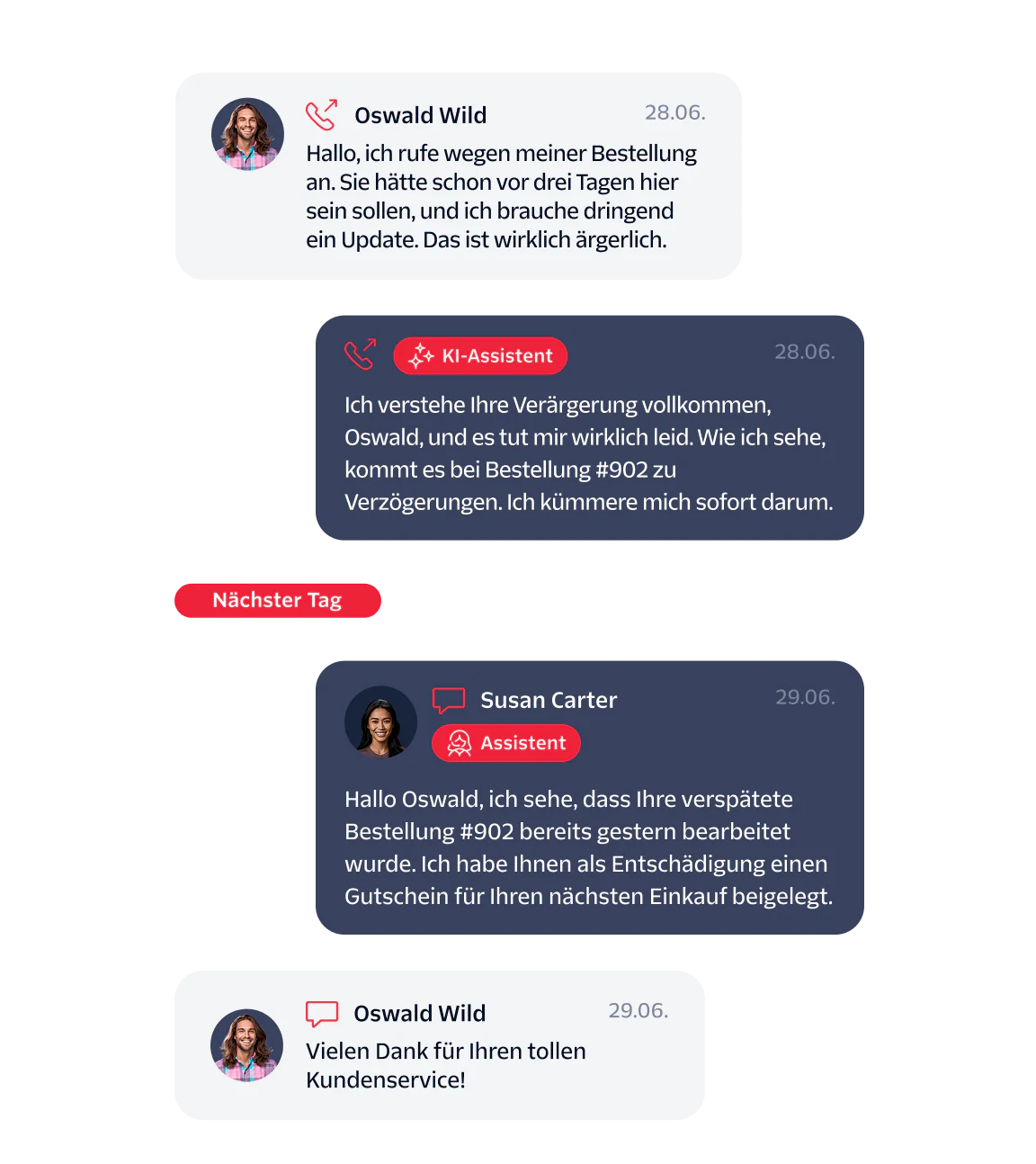 A customer chat conversation with AI and human agents resolving a delayed order.