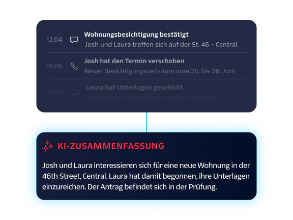 Timeline of Josh and Laura's apartment search with key updates and an AI-generated summary.