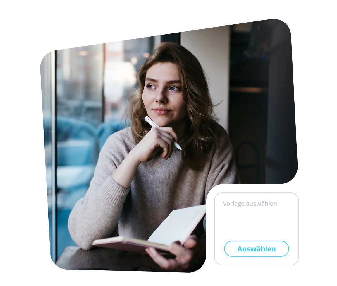 Woman sitting by a window holding a notebook and pen, thinking, with a travel newsletter template selection prompt.