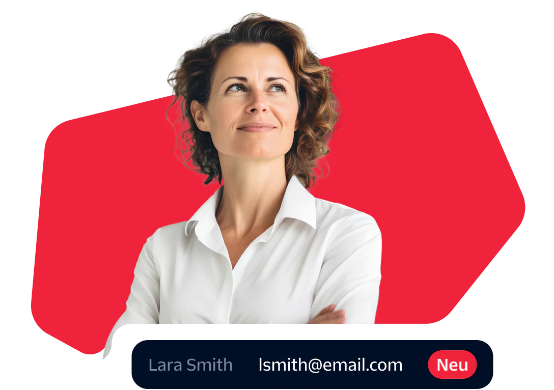 Professional Woman with Email Notification Woman in white shirt looking confident with an email address and new message alert