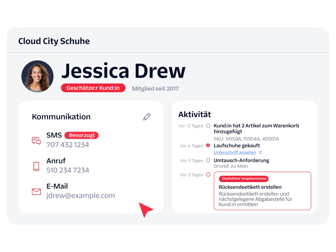 Customer Profile Dashboard for Jessica Drew Customer profile showing Jessica Drew's info, preferred contact, order details, and return label action.