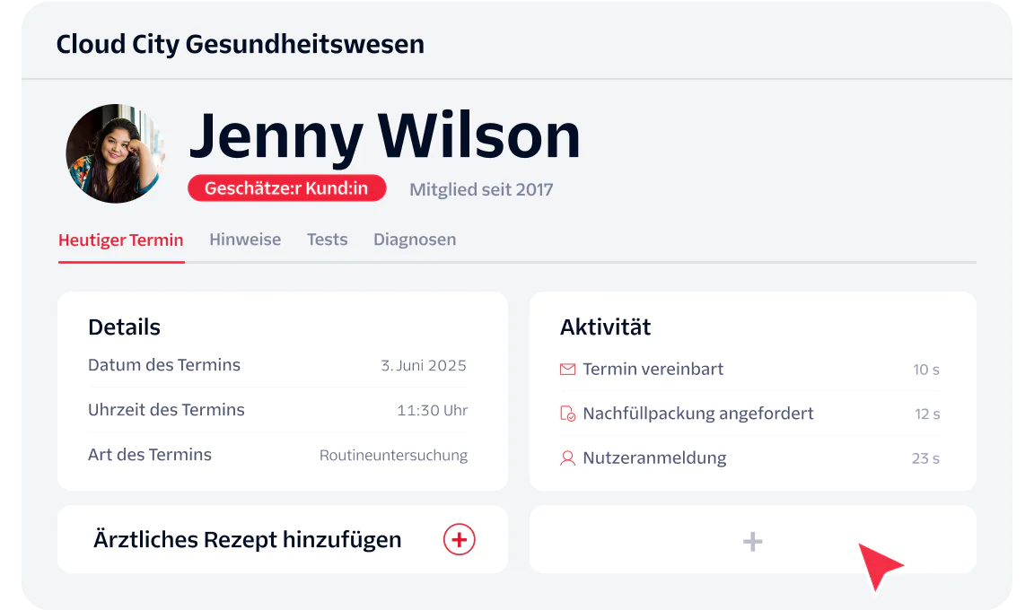 Healthcare Dashboard for Jenny Wilson Cloud City Healthcare dashboard for Jenny Wilson showing appointment and activity details.