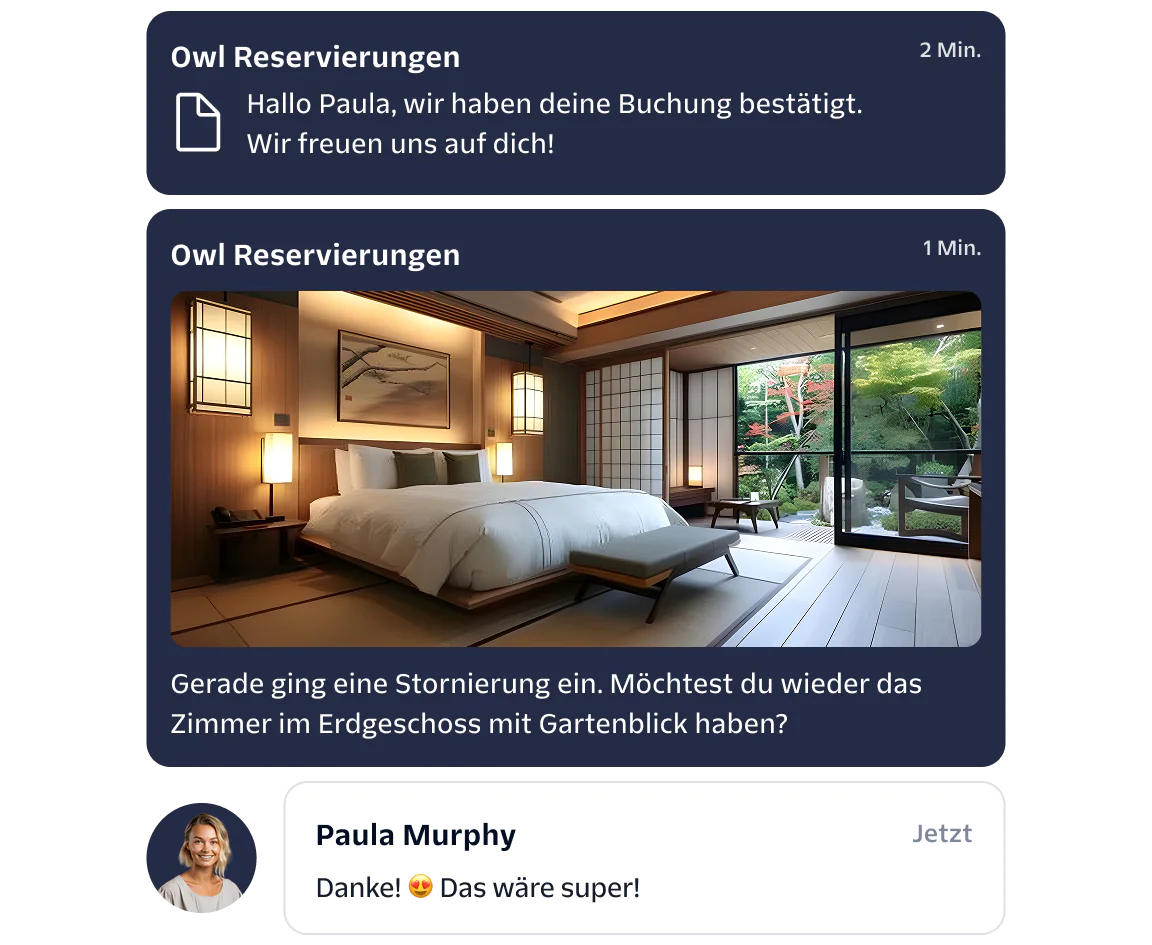 Hotel Booking Confirmation and Room Preference Offer Hotel booking confirmation and room preference messages with a photo of a Japanese-style room, and a customer reply.