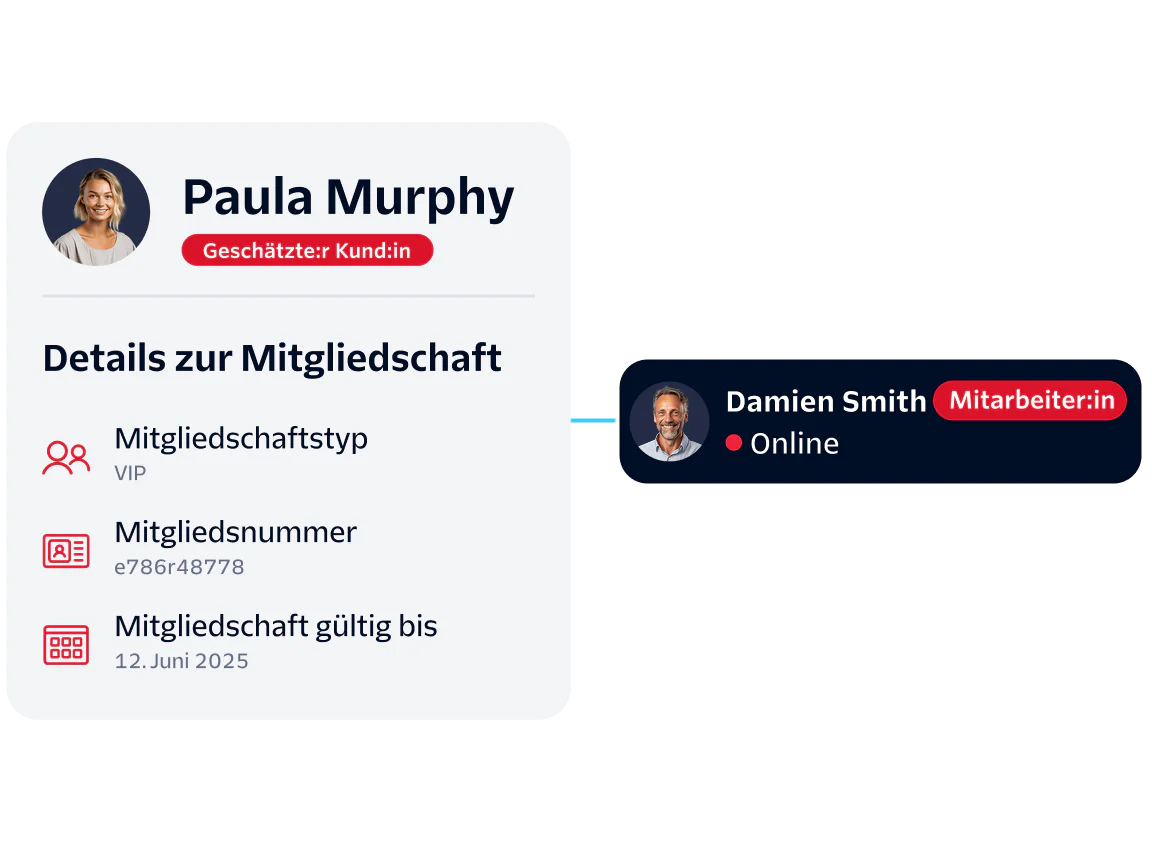 Customer Support Interaction with Membership Details Customer profile with membership details and connection to a support agent.